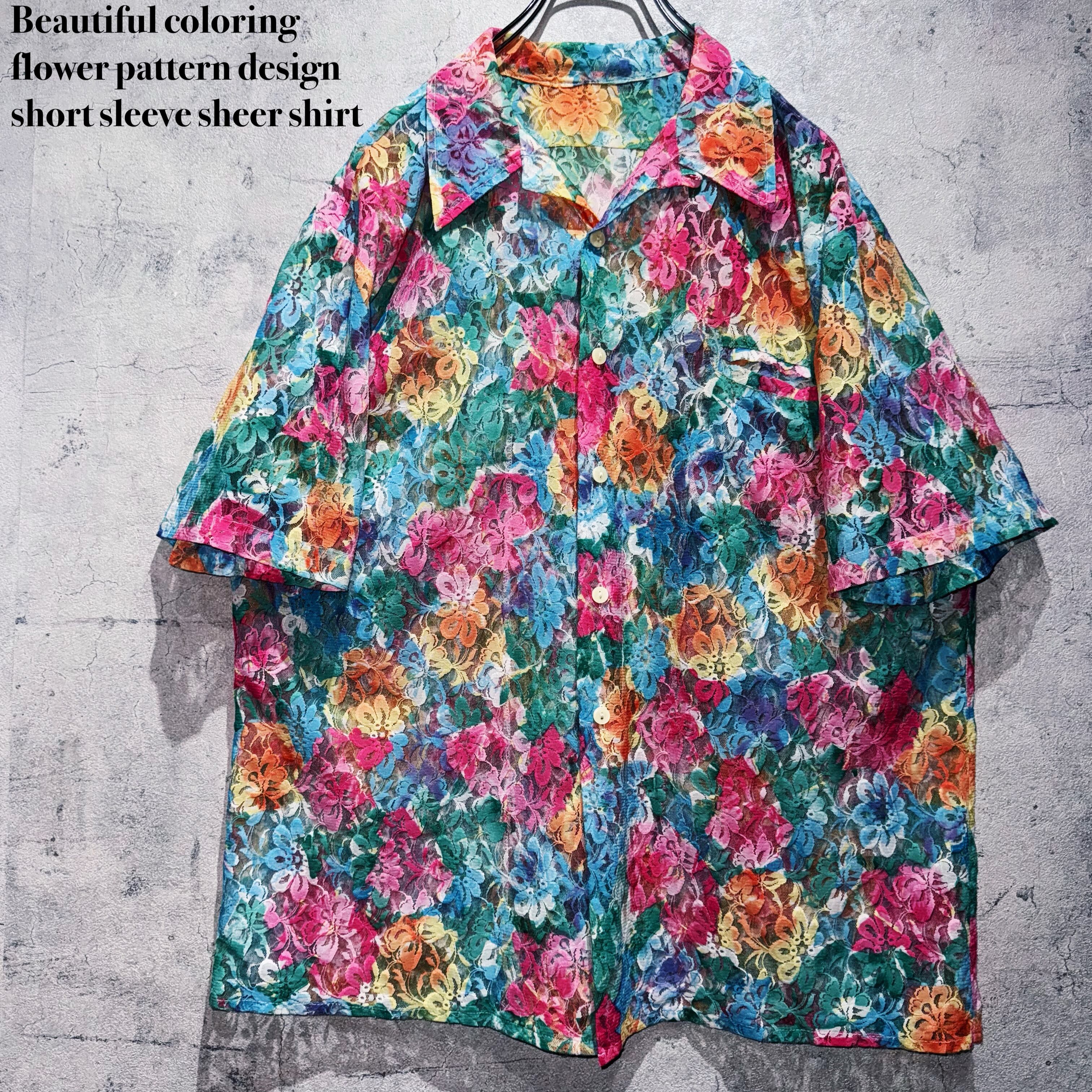 Beautiful coloring flower pattern design short sleeve sheer shirt