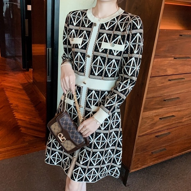 ニットワンピース レディース 春夏 秋冬 春 夏 秋 冬 黒 幾何学 ニット タイトニット ワンピース Aライン タイトワンピース ニットワンピ 長袖 ニットワンピース ミディアムワンピ きれいめ 韓国 ワンピ カーディガン ドレス ミモレワンピ ひざ丈ワンピース 大人