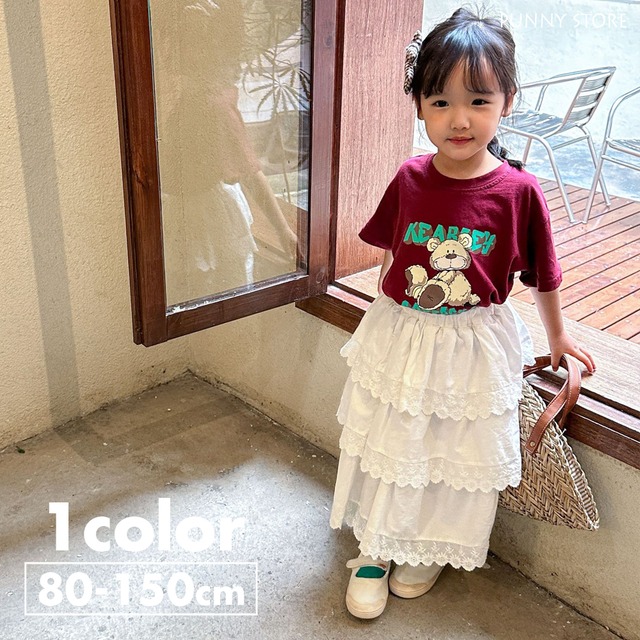 《取寄》 フラワーティアードロングスカート QQMM 2024夏 韓国子供服 ロングスカート 段々スカート 白 女の子