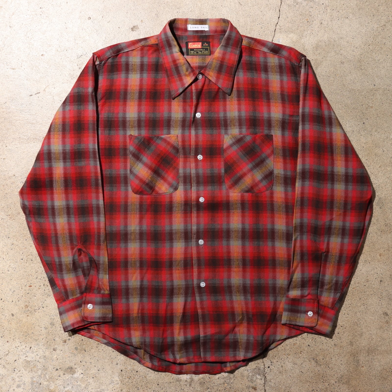 Deadstock L 70s レーヨン オンブレチェックシャツ 長袖 CAMPUS 赤 