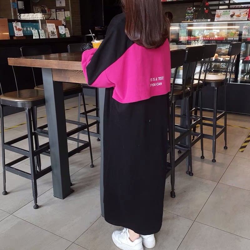 黒 ピンク ワンピース スウェット カジュアル トレーナー パーカー