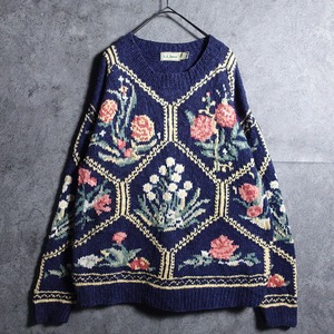 90s “L.L.Bean” Flower Motif Design Linen & Cotton hand Knit