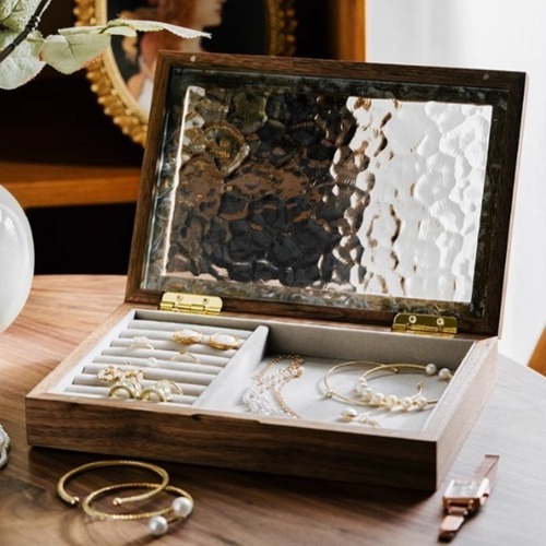 天然木 ジュエリーボックス ガラス蓋 アクセサリーケース 木製 宝石箱 収納ボックス リング収納 ピアス収納 装飾ミラー