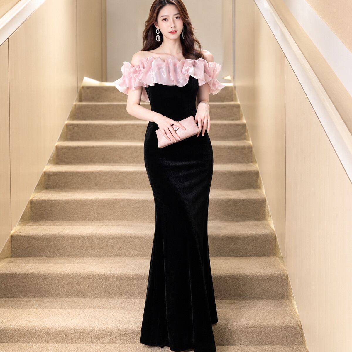 Off-shoulder ruffle mermaid dress(4color) V3627