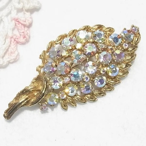 ラインストーンのリーフ・フラワーブローチ　ヴィンテージアクセサリー のセール通販　11635B