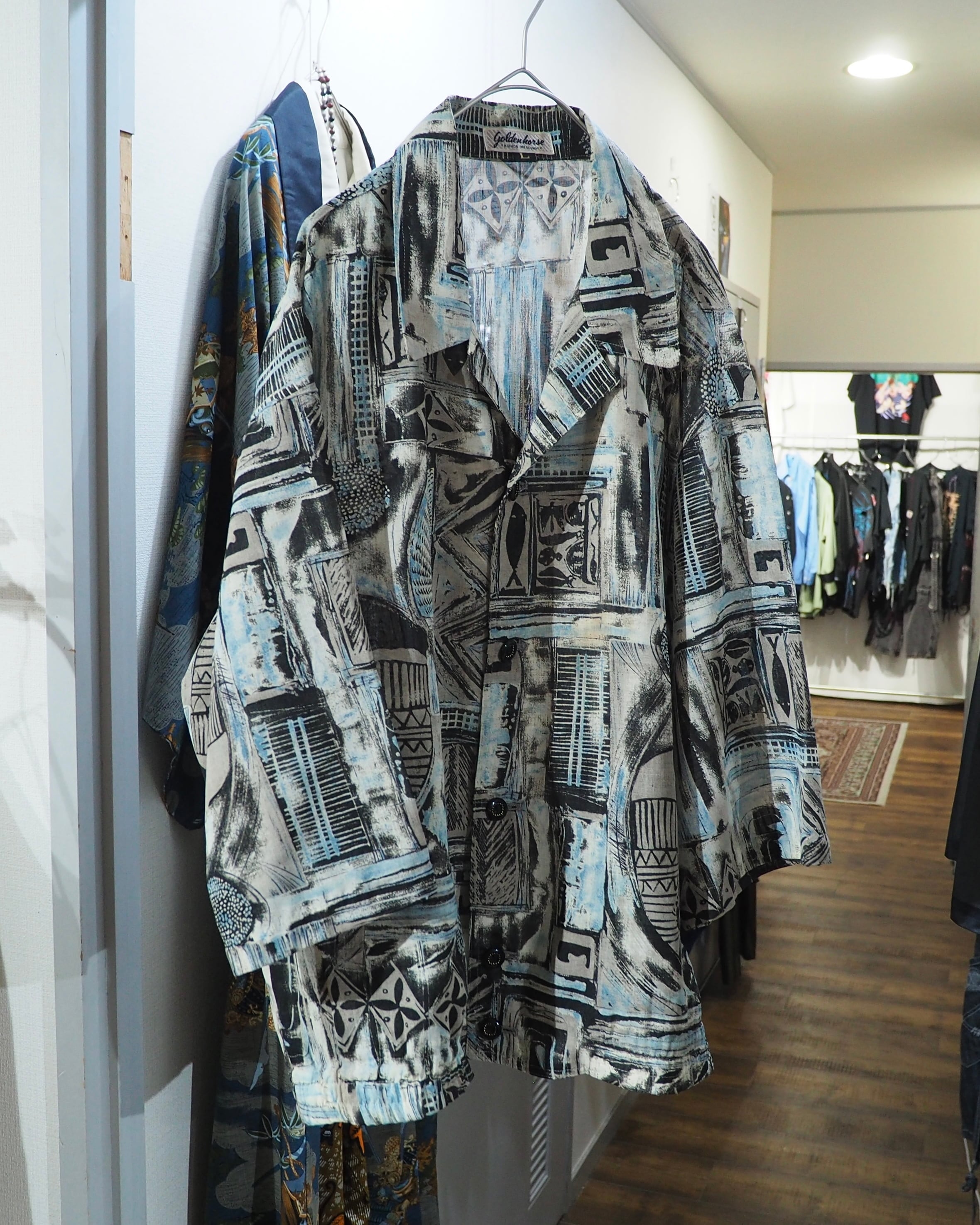 1980 - 90s Cold tone Ink painting vintage loose SS Open collar Shirt