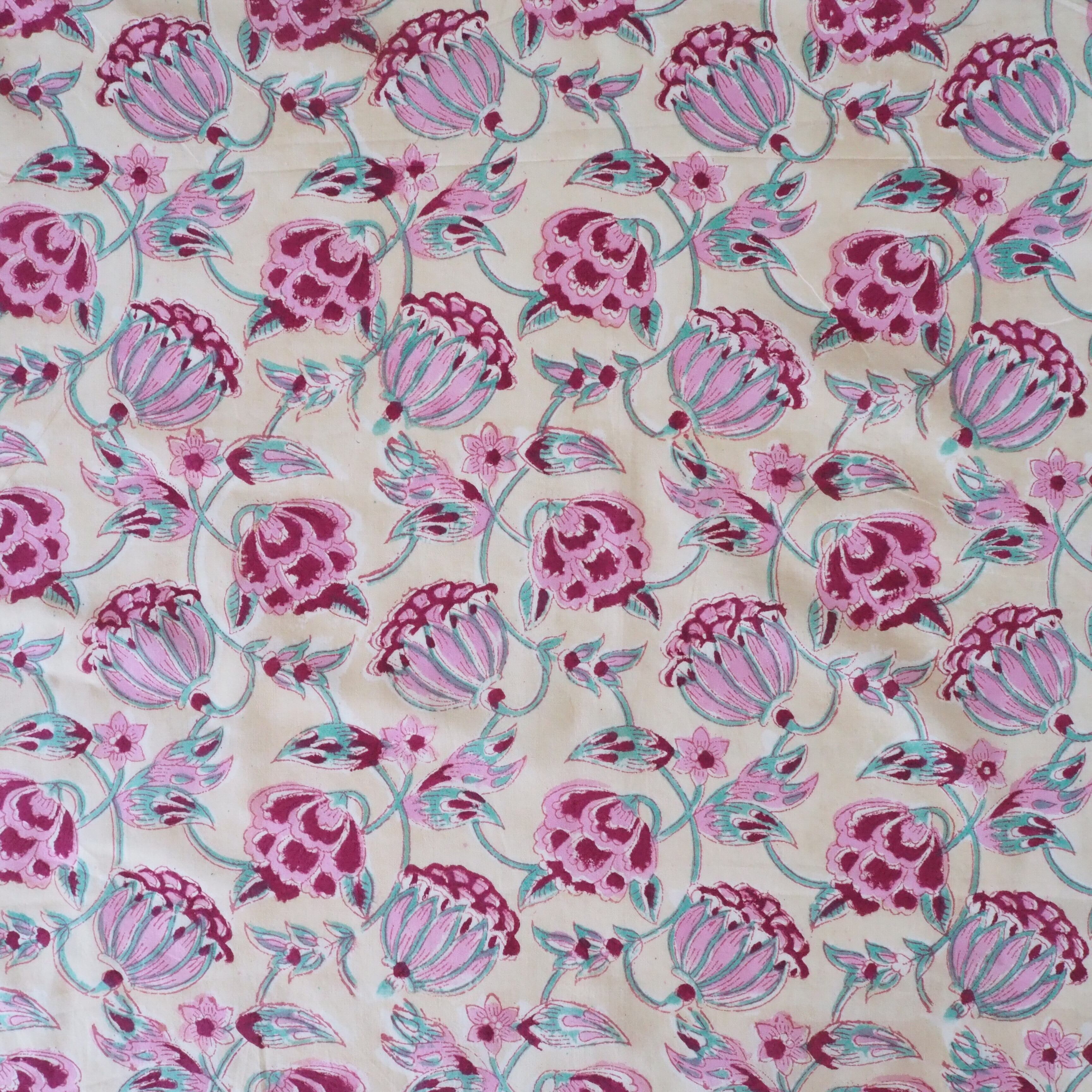 ブロックプリント生地【50cm単位】インド綿 花柄 薄黄色×ピンク #15622