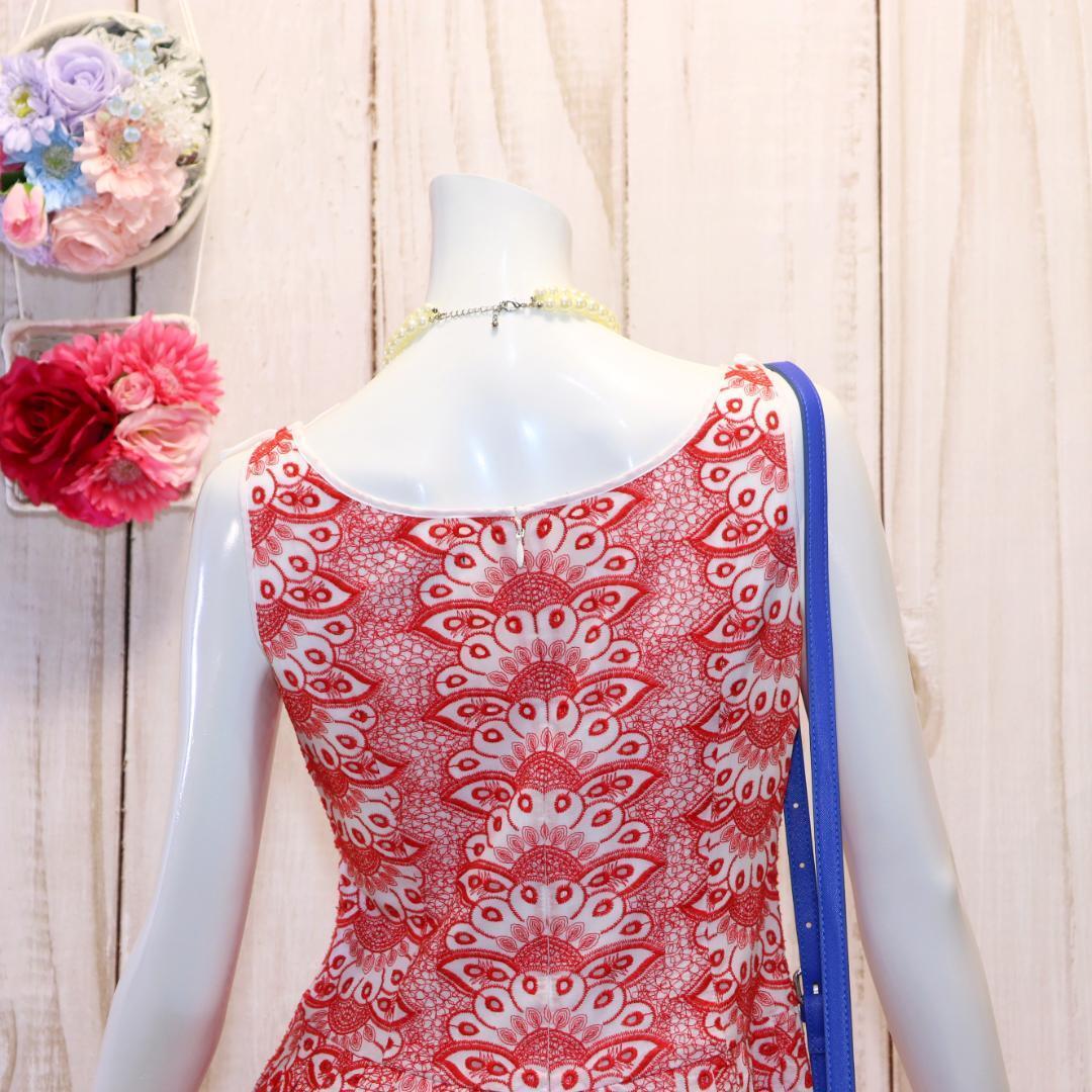 バラ刺繍 ノースリーブ ひざ丈ワンピース ブルックスブラザーズ 総柄刺繍コットンワンピース M 赤×白