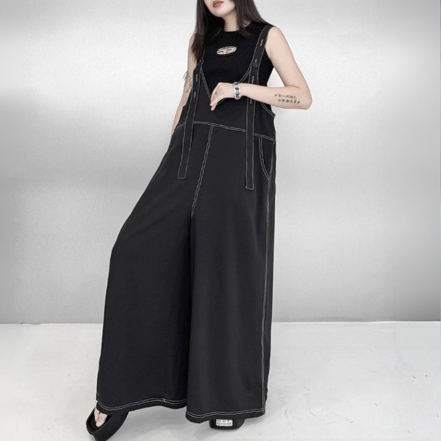 Contrast stitch wide overalls C1560