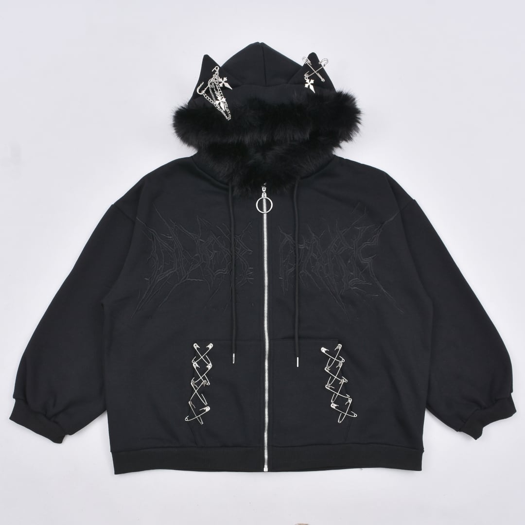 12/15新着】サブカル刺繍☆ネコ耳フードファーZIPパーカー(裏起毛