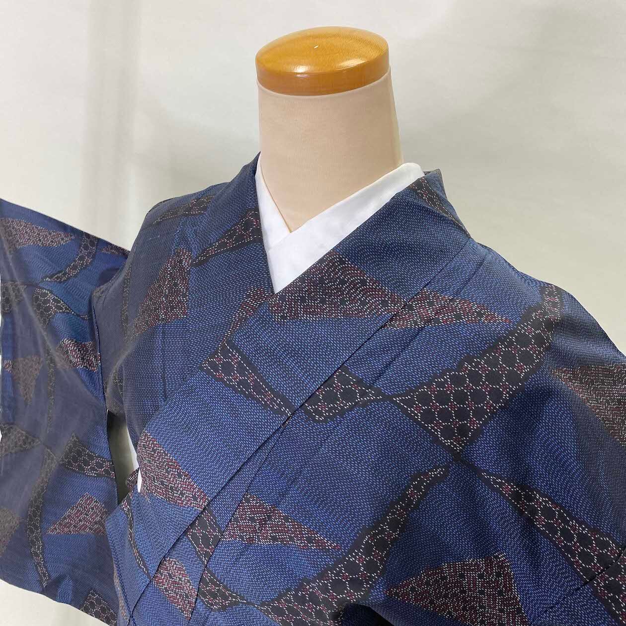 大島紬 よこそ 藍 袷 お洒落着 普段着 正絹 裄62.5cm 身丈156cm  