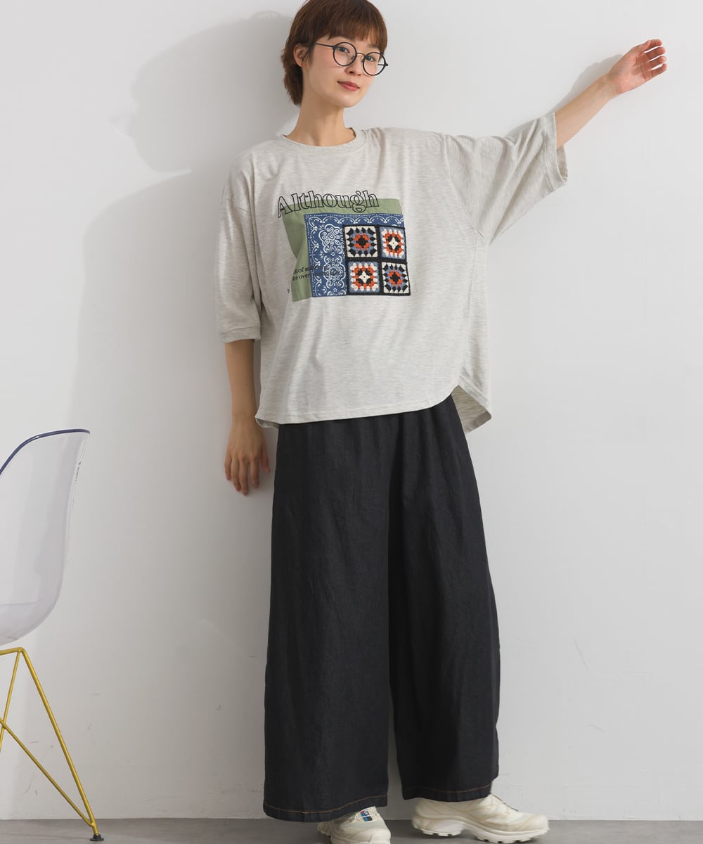 K262081 クロシェモチーフ バンダナ柄重ねプリント リメイク風7分袖