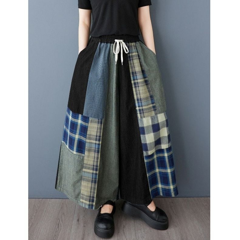 DRAWSTRING WAIST A-LINE PATCHWORK WIDE LEG PANTS 1color M-11972