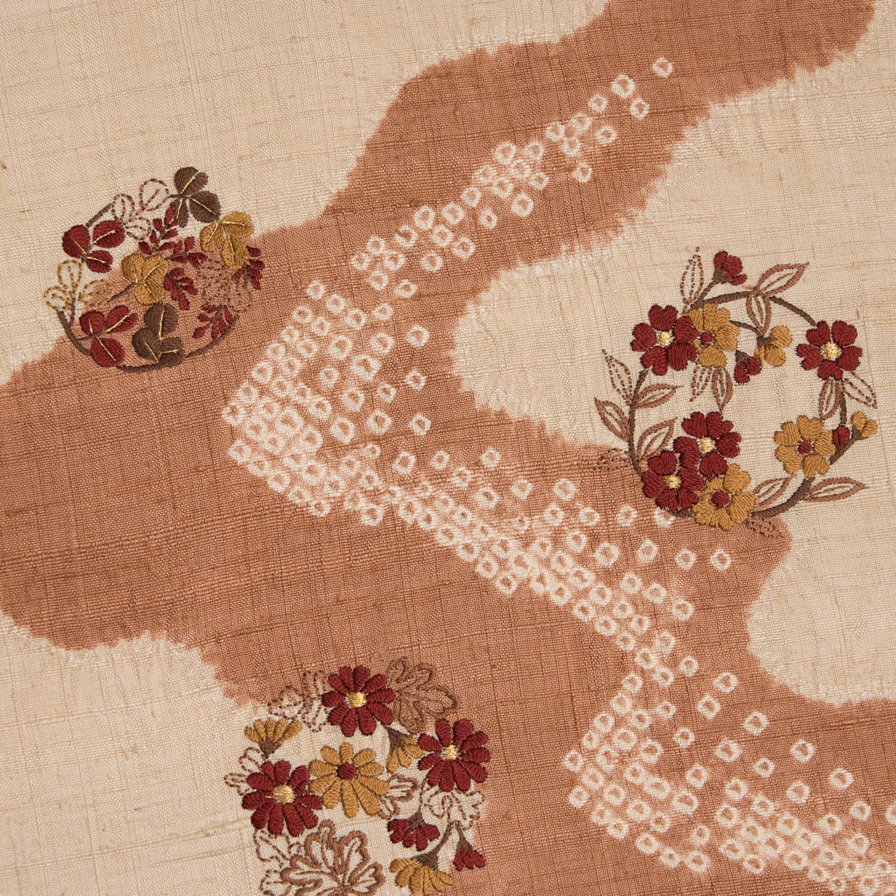 流水に花の丸紋 絞り染に手刺繍 紬名古屋帯【中古】 | かわの屋