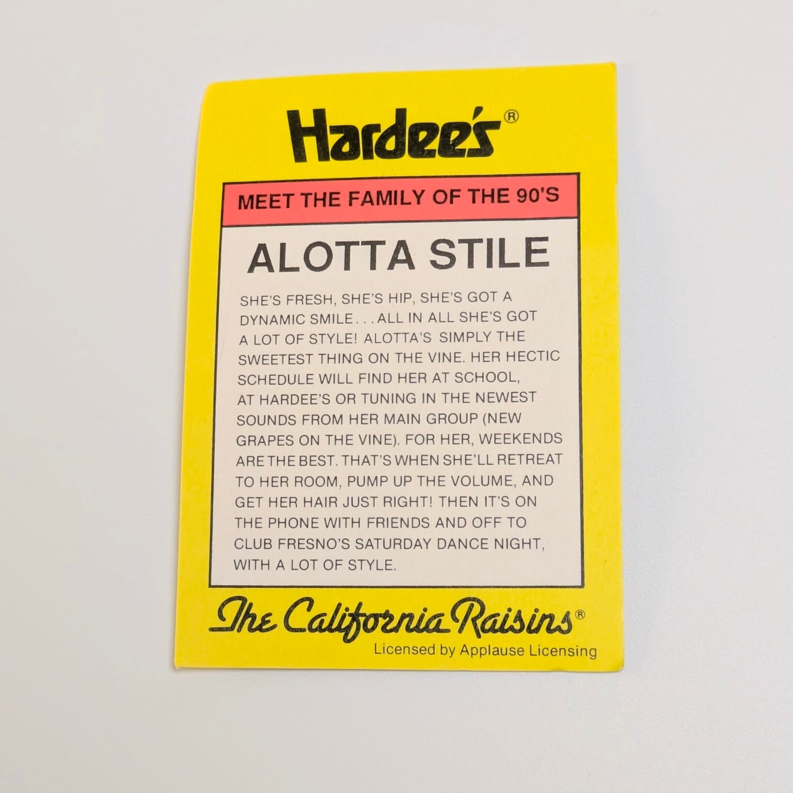 ☆ VINTAGE 1991 ☆ 【 California Raisins（カリフォルニアレーズン）】『 Alotta Stile ( アロッタ・スタイル ) / Hardee's / CARD有り 』 ハーディーズ ミールトイシリーズ / PVC フィギュア ビンテージトイ 〚アメリカン雑貨 アメトイ〛