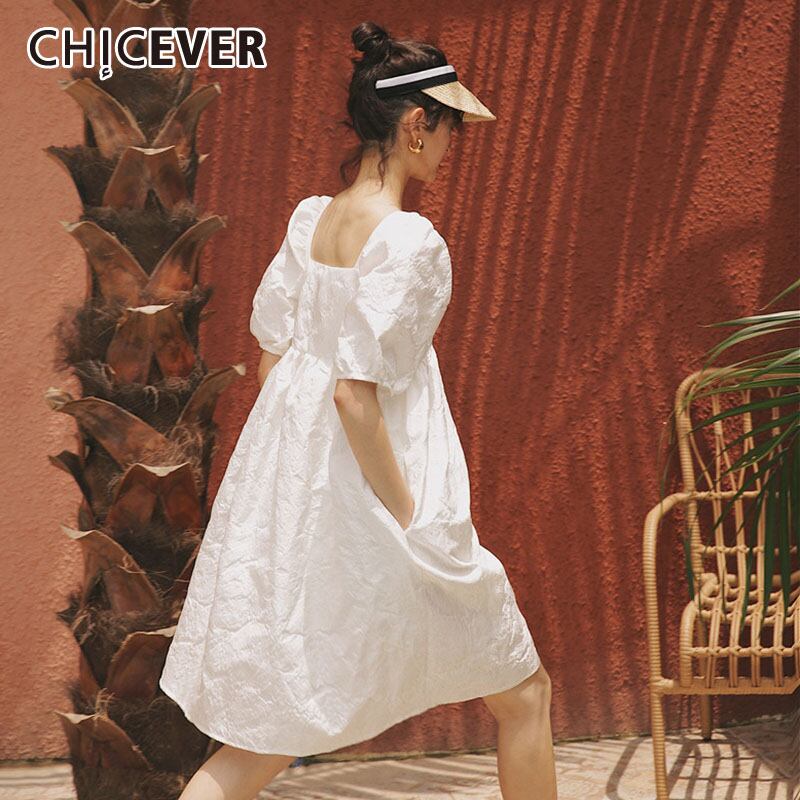 CHICEVERレディースドレススクエアカラーパフハーフスリーブウエストオーバーサイズホワイトAラインドレスレディース2020春スウィートスタイル 半袖 大人ガーリー キュート カジュアル スプリング 春物 スクウェア 6base594090638475