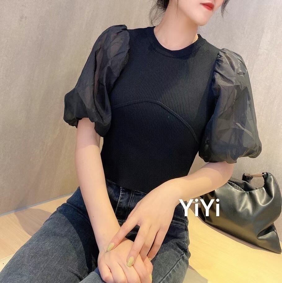 袖シフォン切り替え　クロップドトップス　AJ111-3022