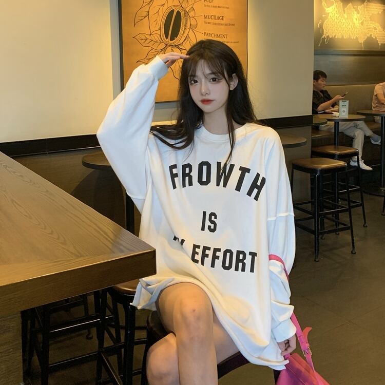 ルーズラウンドネックトップス プリントホワイトTシャツ ロング Oネック ドラファッションホール61213495904