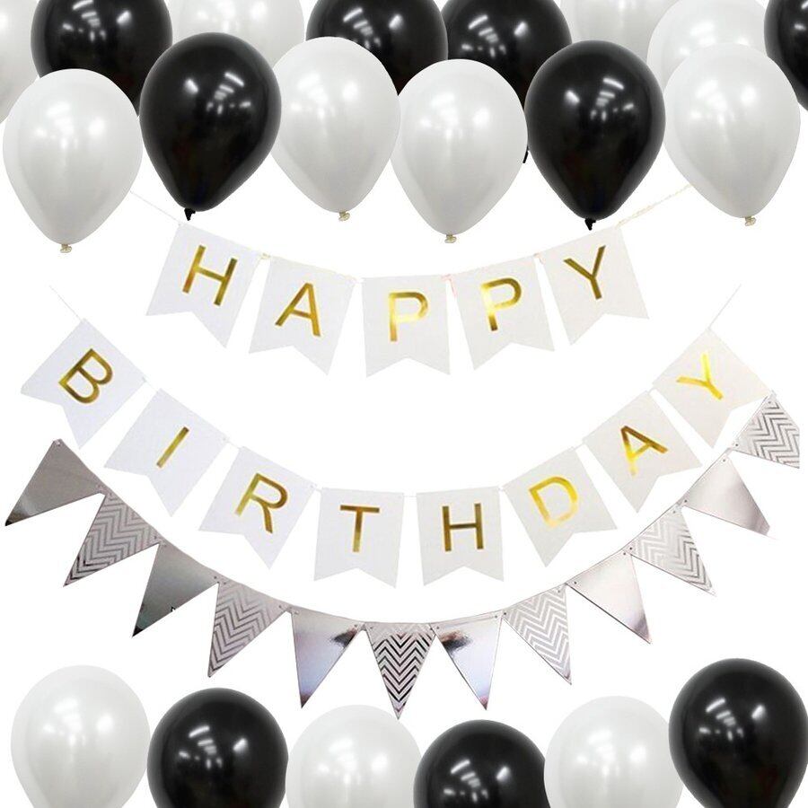 ハッピーバースデー バルーン デコレーションセット 誕生日 シルバー 大量 極厚パール風船 100個入り モノトーン ガーランド 豪華 おしゃれ Fta164 幸せを運ぶ風船shopフロンティアバルーン