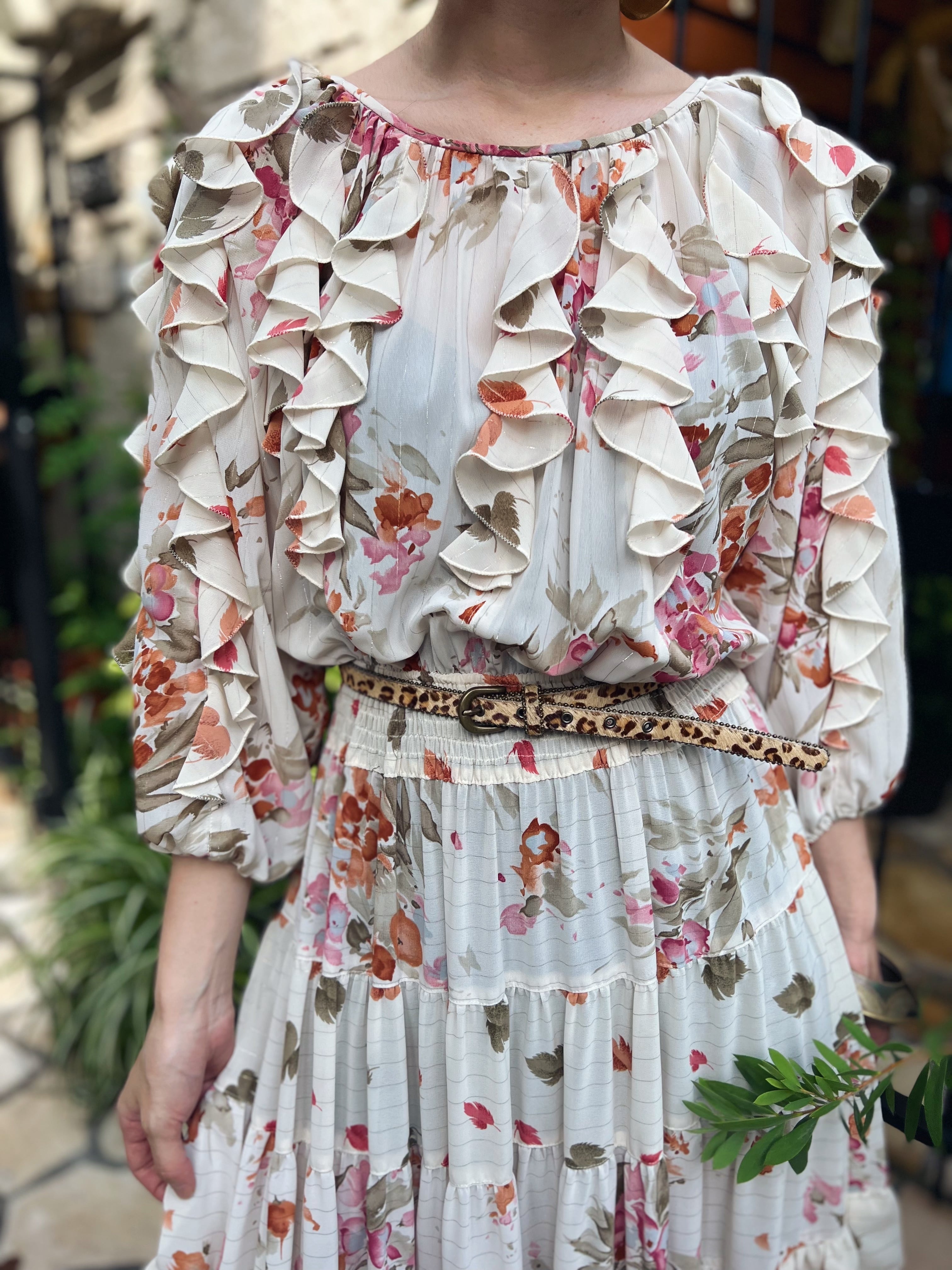 70s Diane freis off white × leaf floral frilled dress 70s Diane freis off white × leaf floral frilled dress