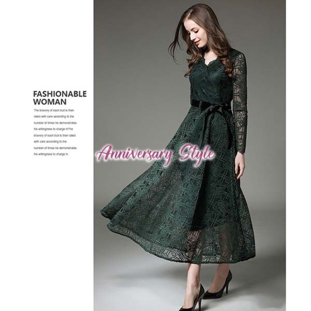 マキシ丈ワンピース グリーン 2l 即納 長袖 Vネック モデル身長160cm程でマキシワンピース ロングワンピース 総レースシースルー マキシドレス リボン 上品 花柄 ロングドレス ダークグリーン 深緑 大きいサイズ Md S3776 Anniversary Style