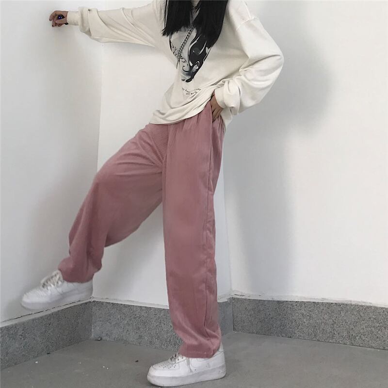 ハイウエスト スリム コーデュロイ ワイドレッグ ルーズ パンツ パンツ レディース韓国ファッショントレンドコーデュロイワイド