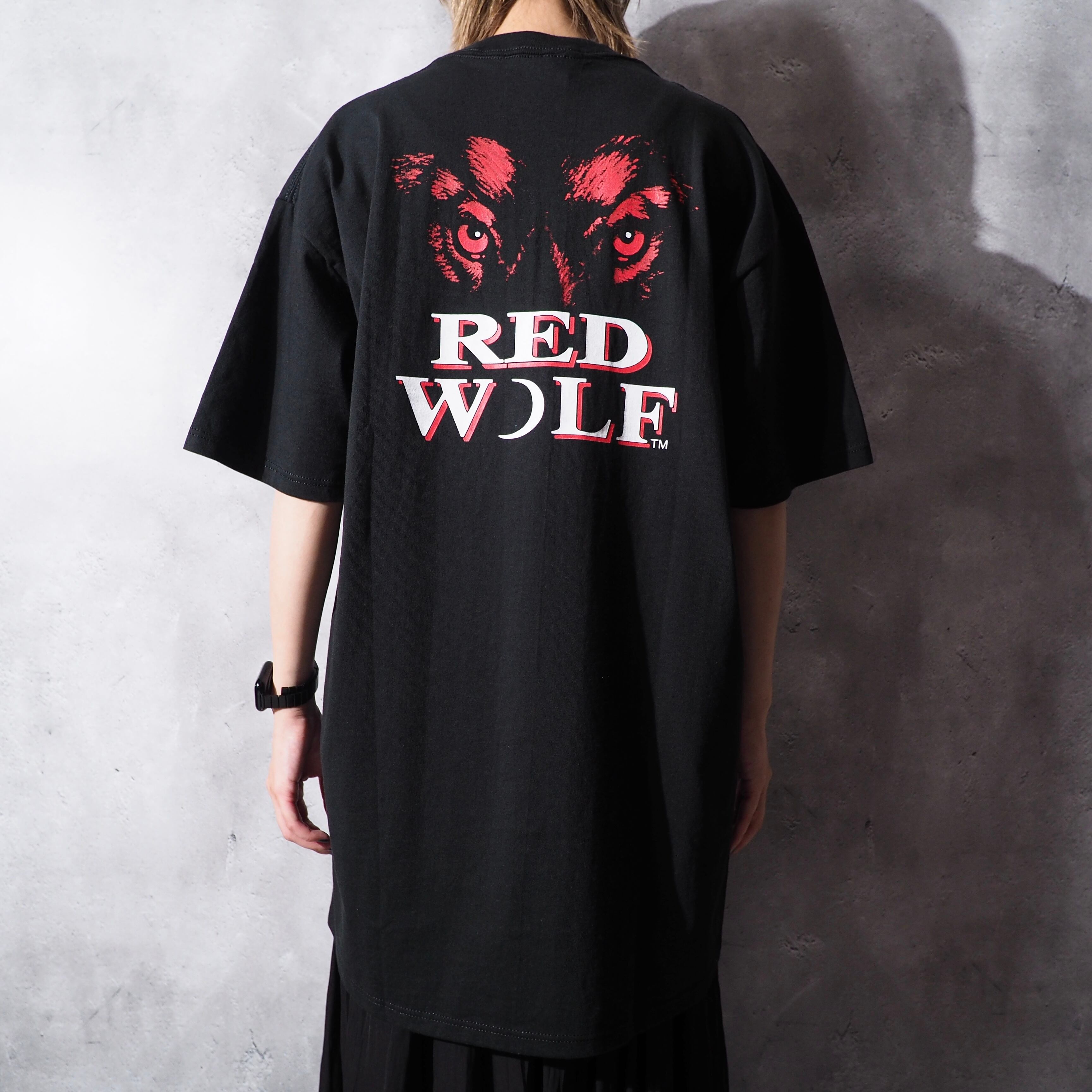 1990s ” RED WOLF ” wolf face printed black Tee (made in Usa)