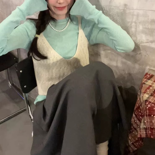 【2点セット】クルーネックニットトップス＋クロシェニットベスト ・75771