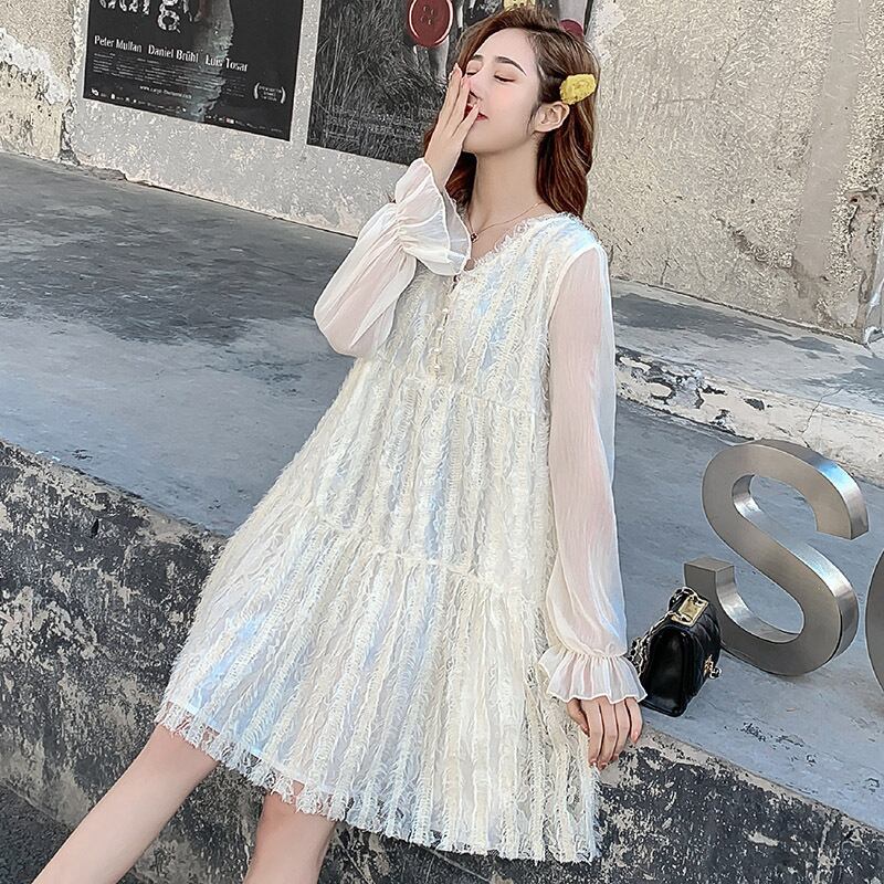 【新作】【送料無料】 マタニティウェア2020秋と冬の新しいシフォンVネックステッチドレス小さな新鮮なミドル丈ドレス妊婦-アリババ オータム 秋物 ウィンター 冬物 expec268666853104