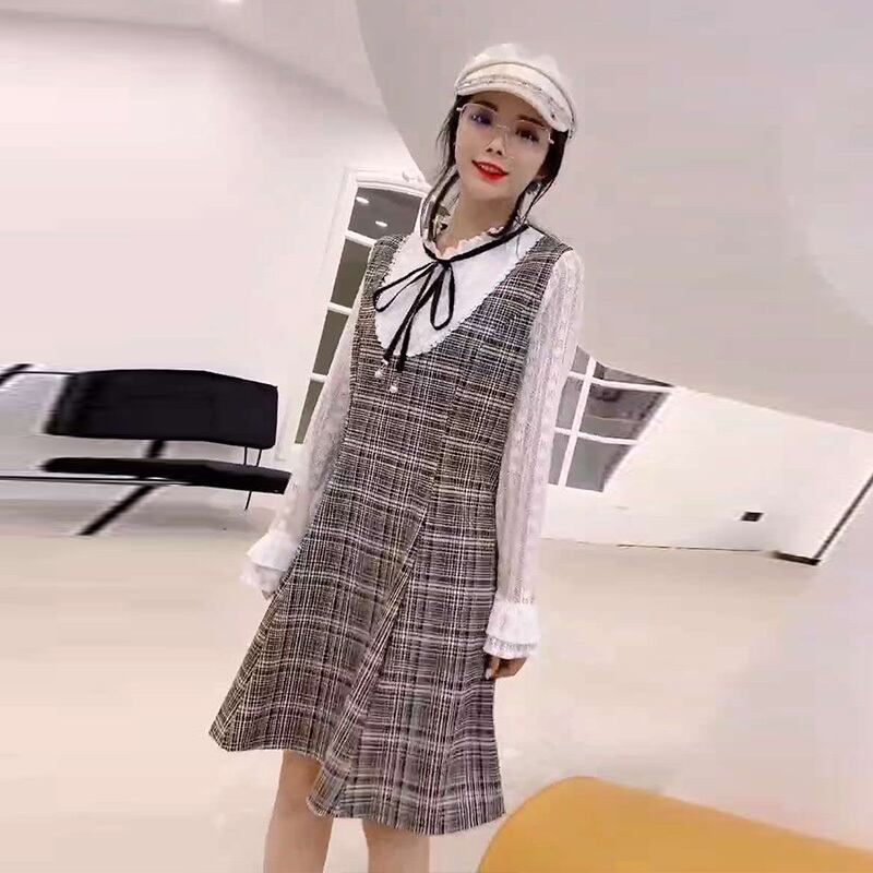 オータム格子柄ドレス 薄手スタイル 大きめサイズ 秋物 ミックスインファッション79675051232
