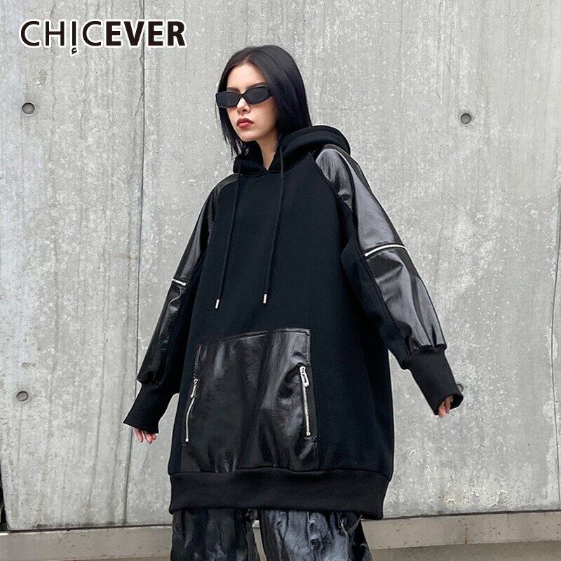 CHICEVERブラックスウェットシャツレディースフード付きカラー長袖パッチワークPuルースストリートウェアプルオーバー2020タイド ロング 6base551230145892