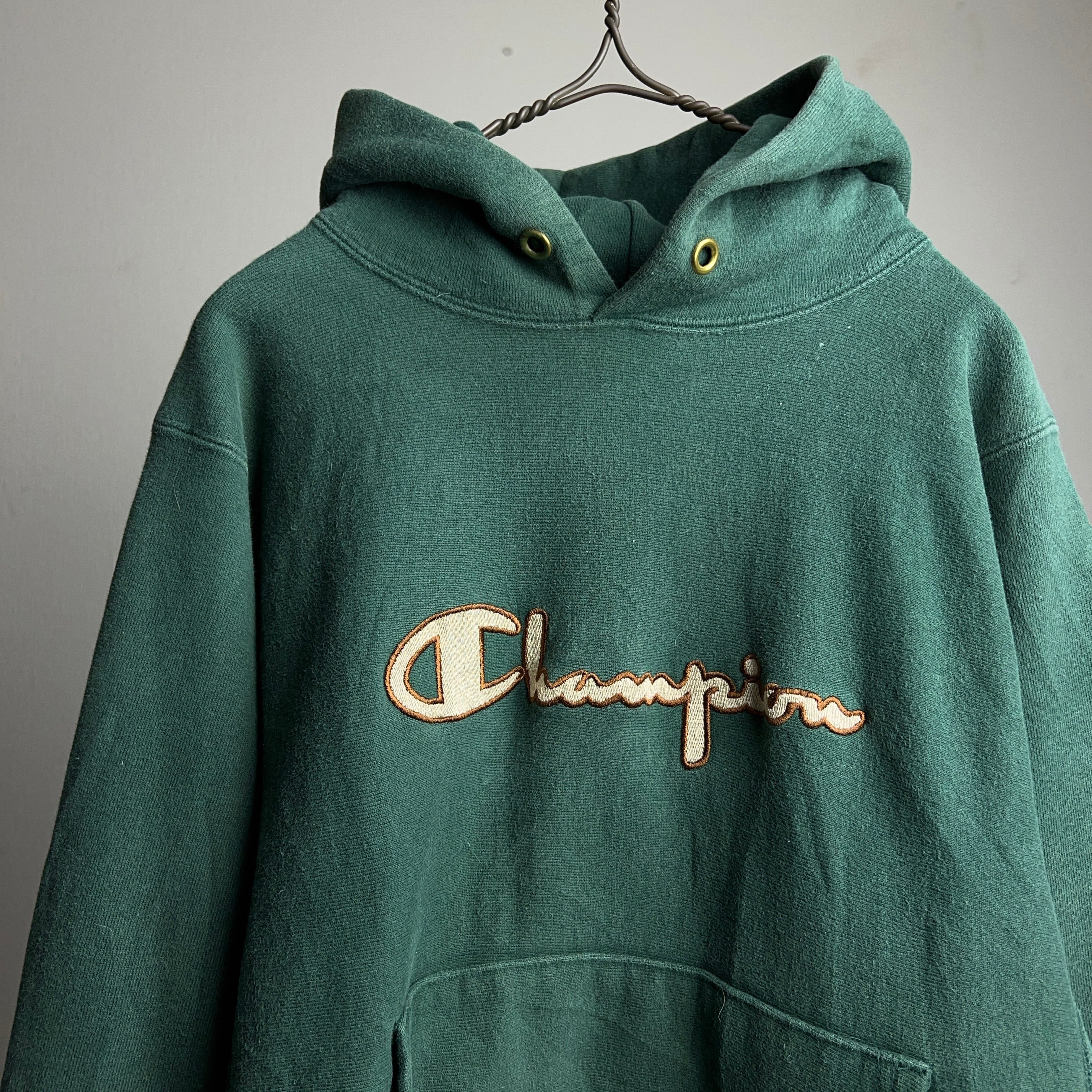 90's Champion Reverse Weave Hoodie Parka USA製 SIZE M 90年代 チャンピオン リバースウィーブ  パーカー スウェット グリーン アメリカ製 刺繍 リブライン スクリプトロゴ【1000A1202】【送料無料】