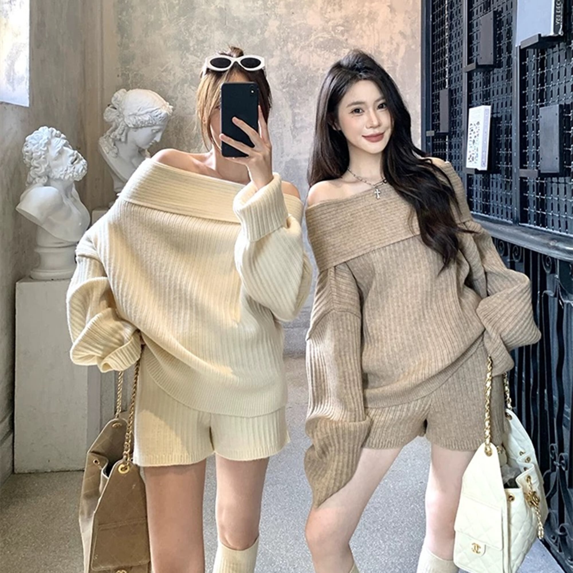 【set】オフショルニットトップス×ショートパンツセット N3357