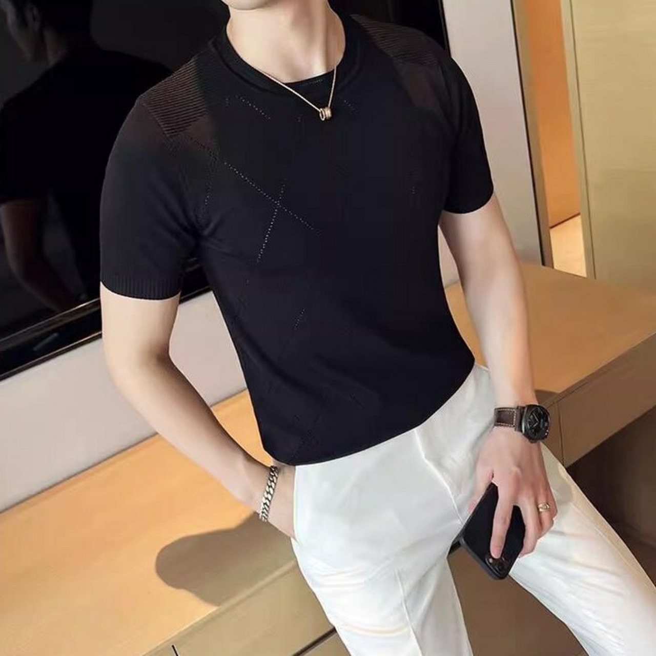 slim stretch plaid T-shirt 00131