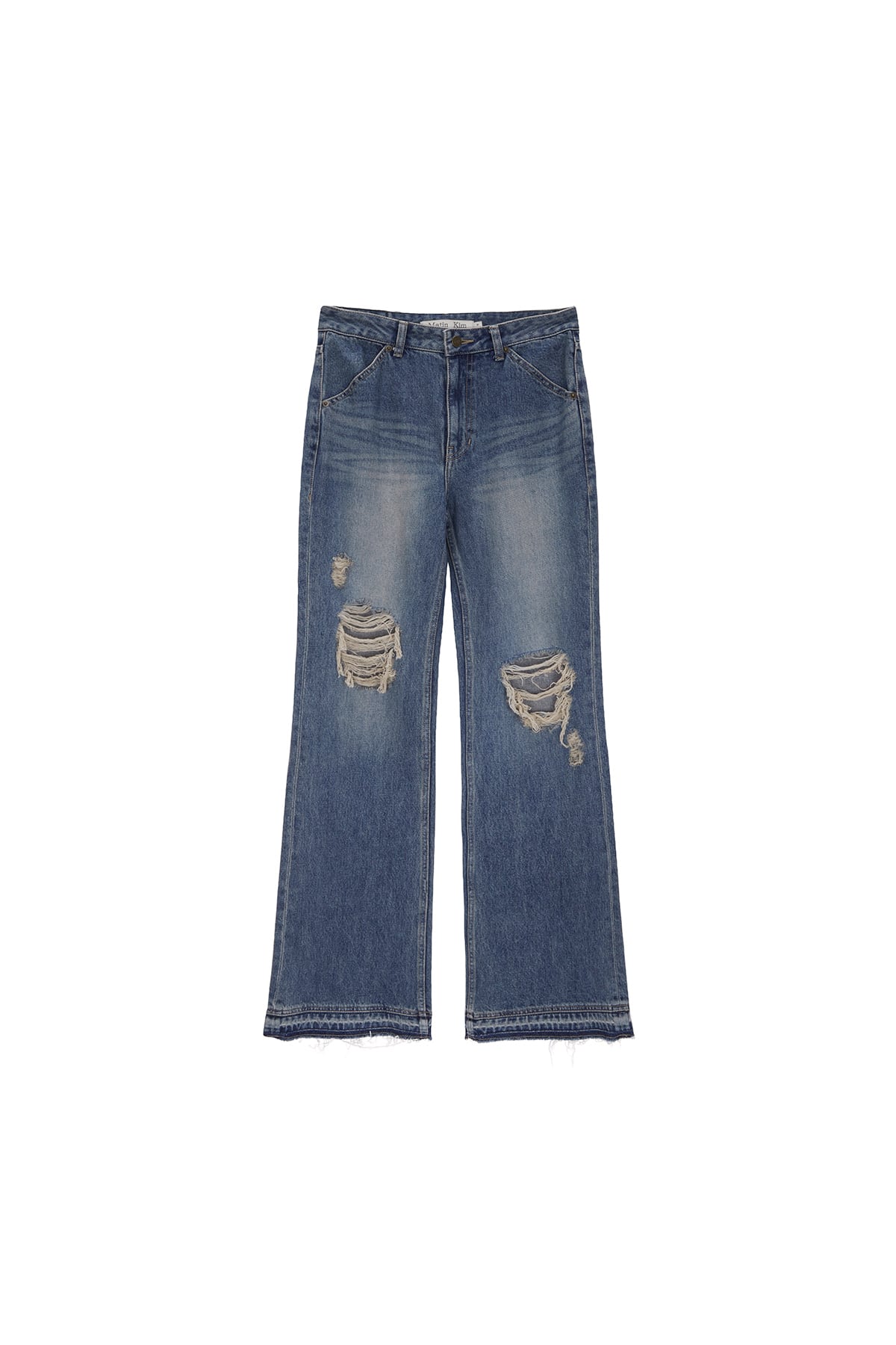 Matin Kim] SEMI BOOTS CUT DAMAGE DENIM PANTS IN BLUE 正規品 韓国