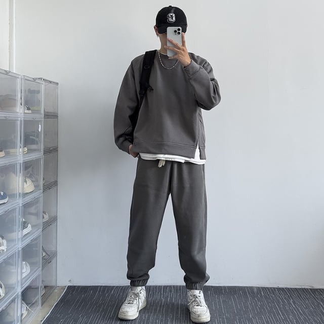 【予約販売】メンズ セットアップ 裏起毛 上下 長袖 シンプル 無地 重ね着風 レイヤード グレー ホワイト スエット ルーズ 男前 スエット 韓国 パンツ セット ジム カジュアル 部屋着 リラックス ルームウエア 韓国 トレンド 大きいサイズ S/M/L/XL/2XL