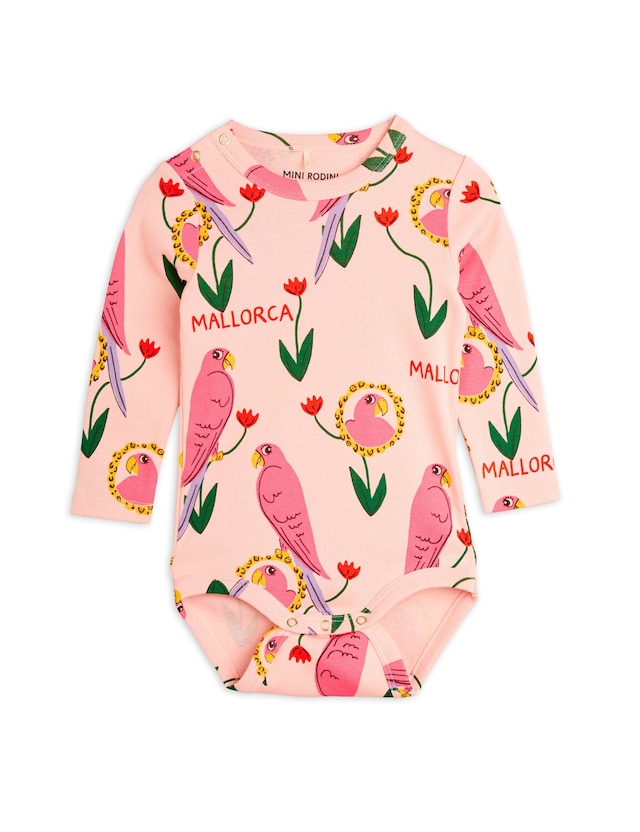 【24AW pre】minirodini(ミニロディーニ) Parrots aop ls body  pink ロンパース　鳥