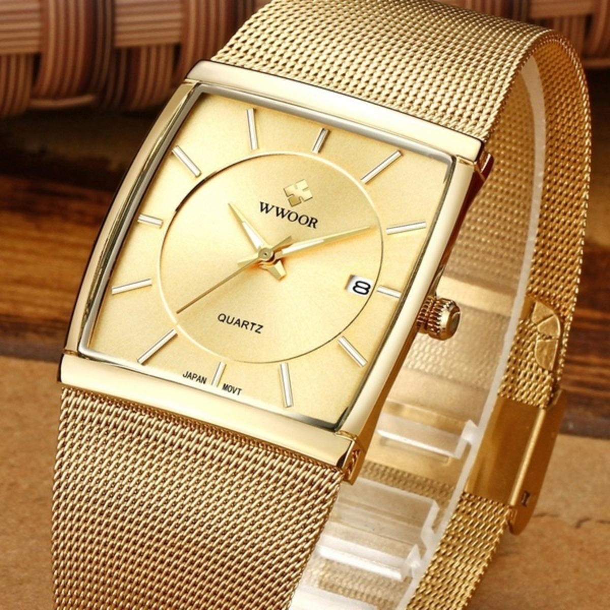 Wwoor Gold Watchステンレススチール メッシュバンド アナログ 