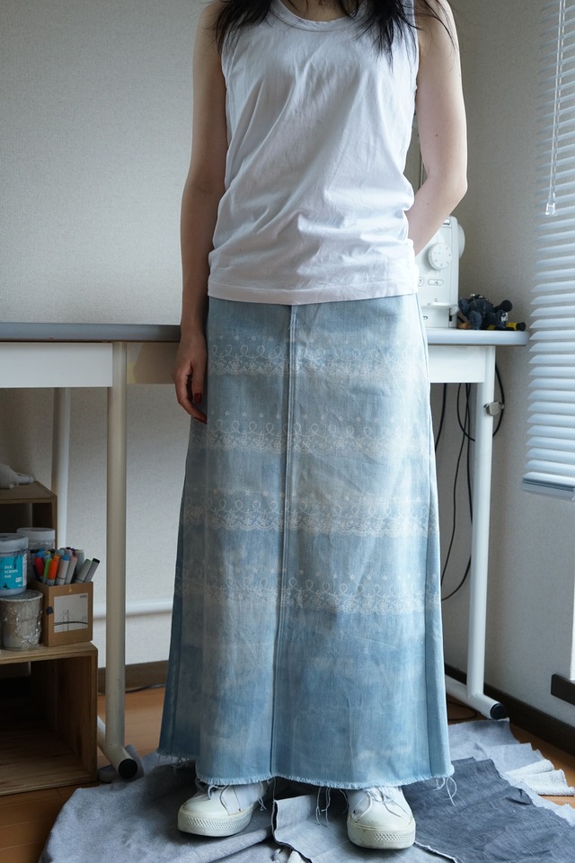 【one-of-a-kind】Trace Long Skirt - Light Blue Crown (Back Slit)