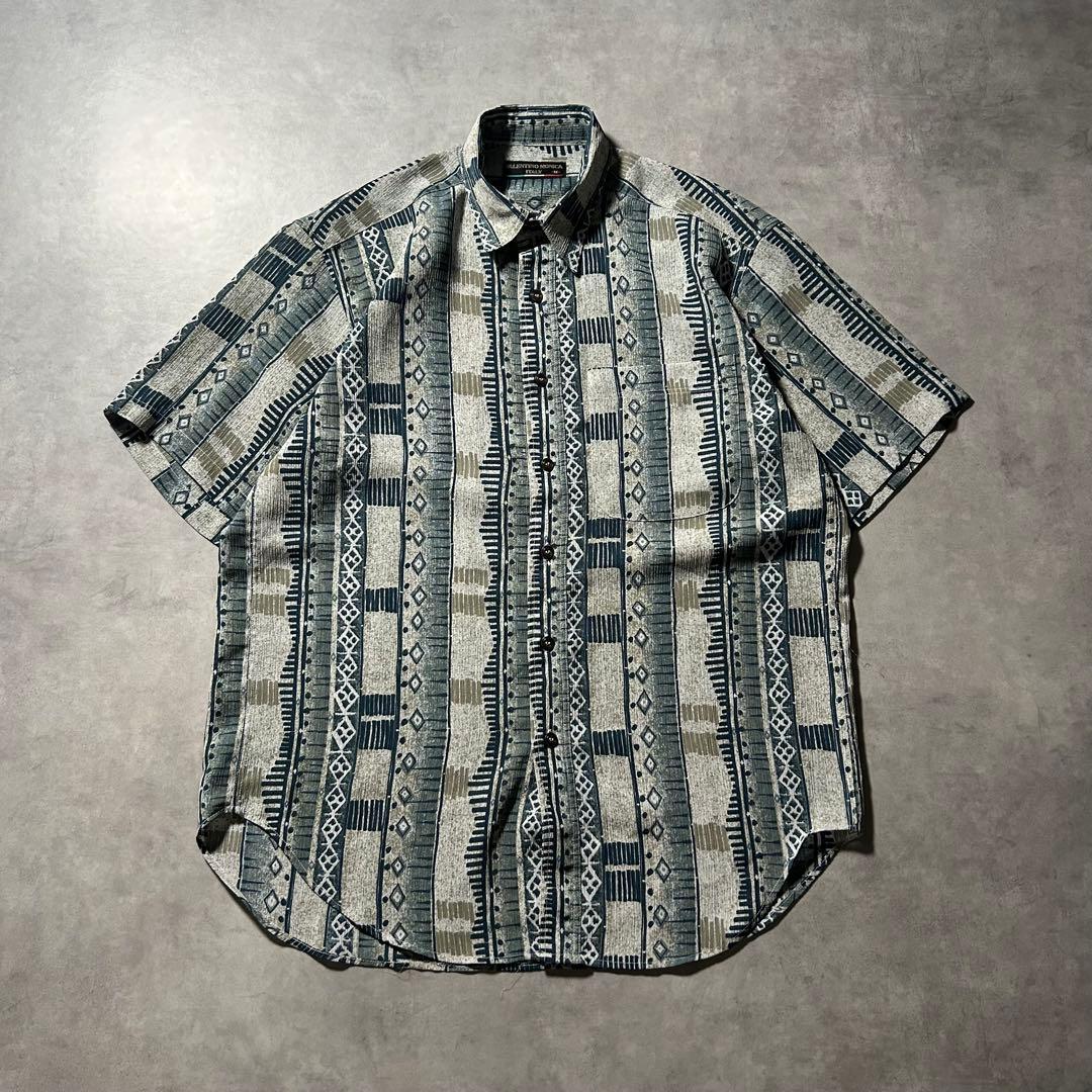 ヴィンテージ 総柄 レトロ グリーン デザイン レトロ ヨーロピアン シャツ