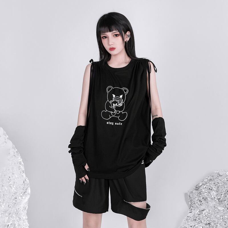 サブカル 服 地雷系 通販 闇かわいい ノースリーブ Tシャツ マスク クマちゃん ショルダーリボン ゴシック カジュアル