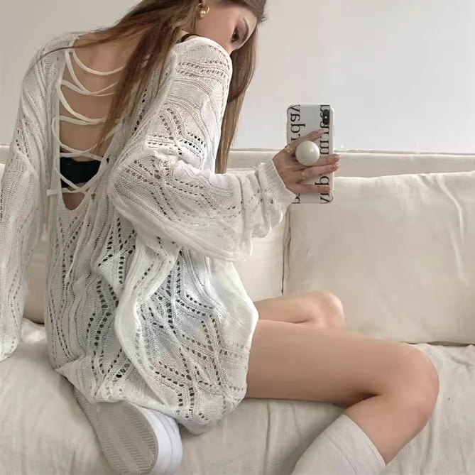 透け肌魅せ♡レースアップ肩あきニット〈2025 SS〉 | cheriena