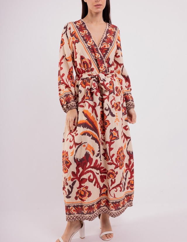 ボタニカル柄 カシュクールワンピース｜ロングワンピース 長袖 ウエストリボン Vネック 大人ワンピース 春夏 秋 レディース