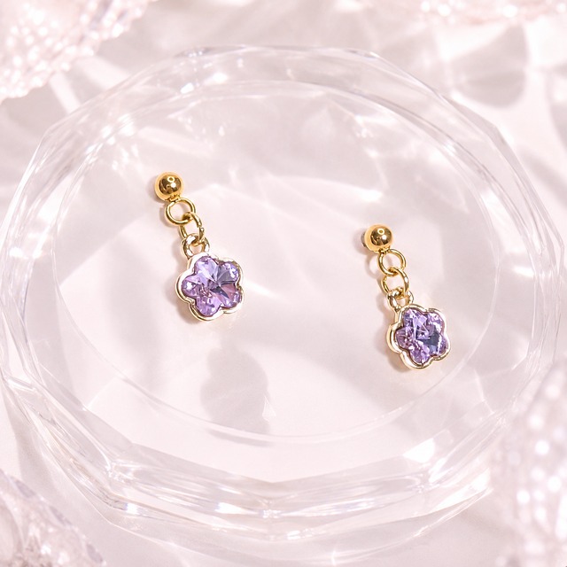ピアス スワロフスキー パープルフラワー 夜桜 サージカルステンレス│イヤリング変更可│MMF-007