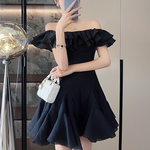 【RIMIシリーズ】ワンピース ボートネック ペプラム 無地 ブラック ピンク