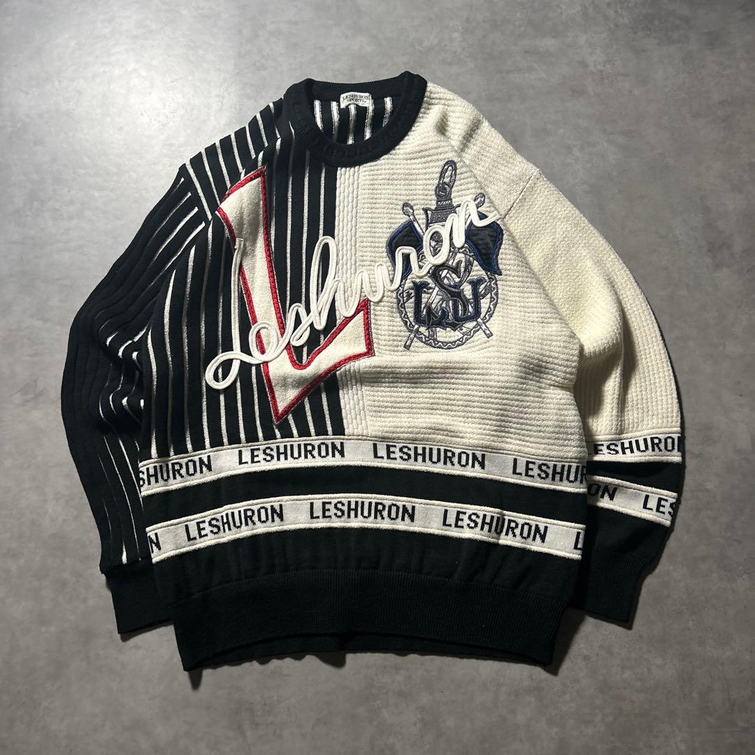 ヴィンテージ モノクロ モード 切り替え ボーダー ロゴ ニット セーター