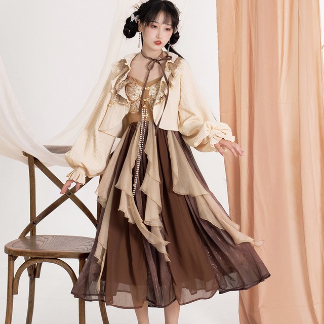 チャイナ風 カーディガン ワンピース レース 蝶 バルーンスリーブ 華ロリ チャイナ風 大人かわいい レトロ クラシカル 量産型｜天使と悪魔