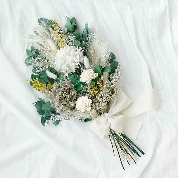 ウェディング 記念日を彩るドライフラワーの花かんむり white×green ver
