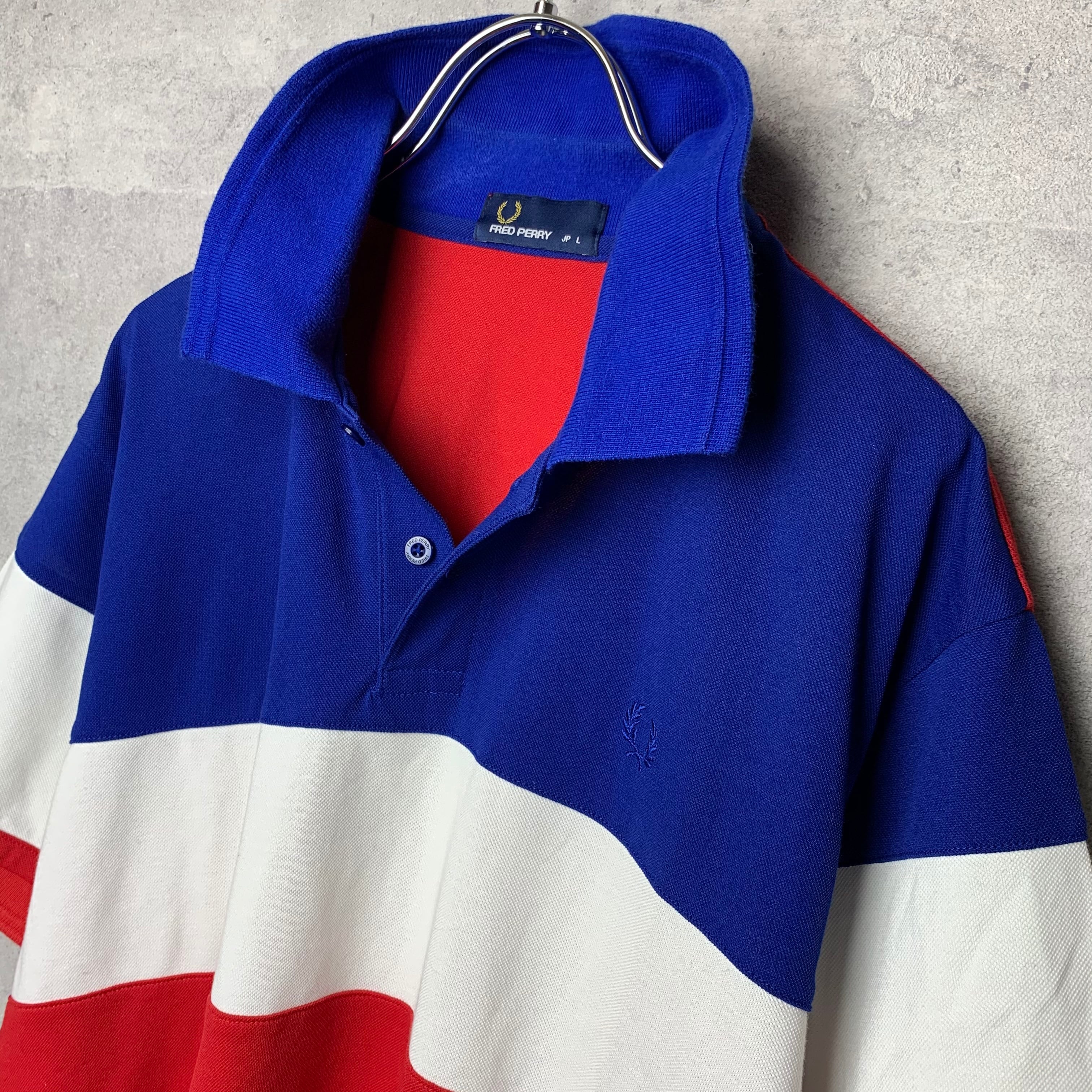 フレッドペリー ポロシャツ 半袖 日本製 トリコロー 青 赤 白 L ■ S13 【USED】