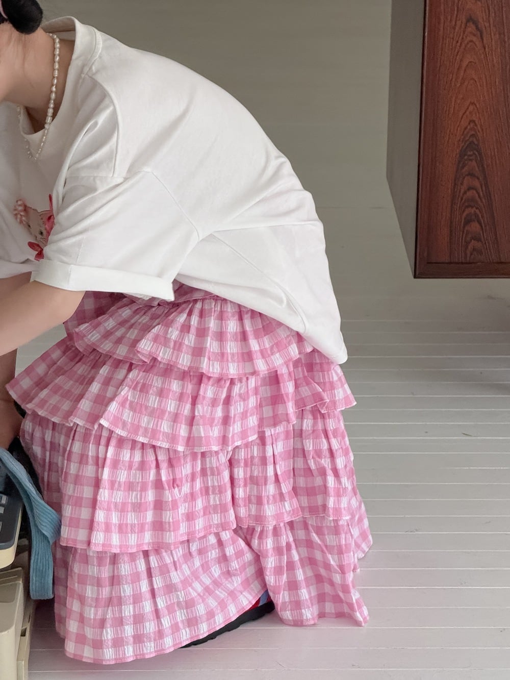 だんだんティアードロングスカート ピンク系チェック だんだんティアードロングスカート ピンク系チェック LADY LIKE